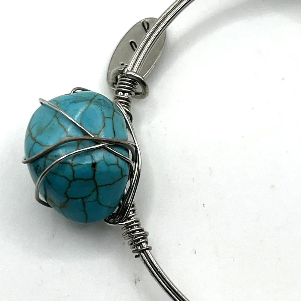 Jules C Turquoise Look Wire Wrapped Bangle Bracelet Boho Artisan Silver Tone